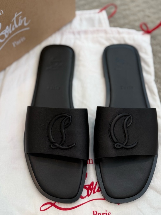 Christian Louboutin Shoes - Christian Louboutin Black Embossed Logo Leather Flat Mule Sandal size 41
